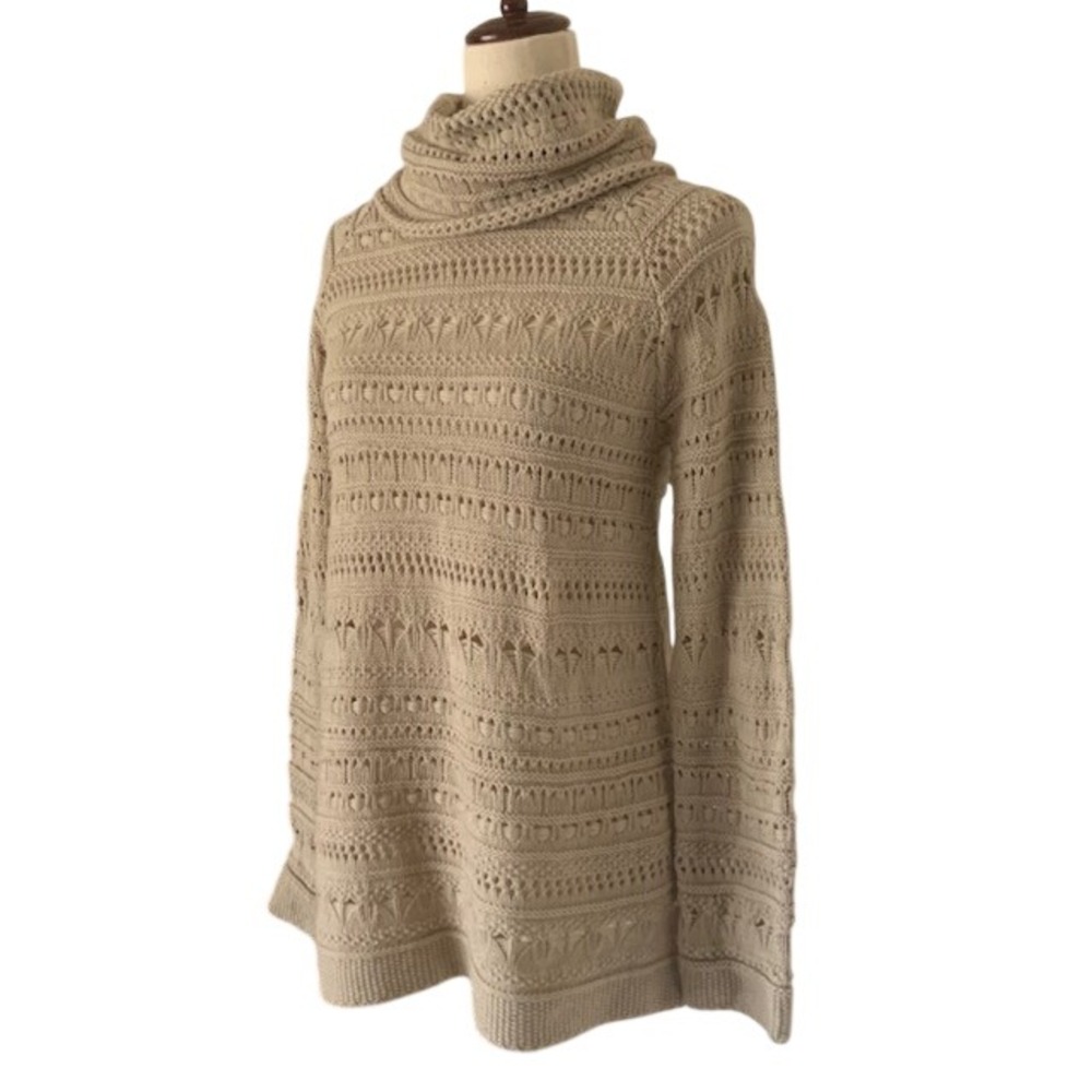Cotton Emporium XS Oversized Turtleneck Sweater Mixed Knit Beige Boho EUC